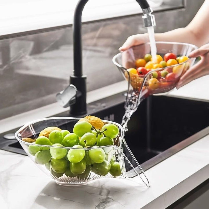 Transparent & gray plastic dish draining basket. Sink accessory for compact dish drying & food draining.