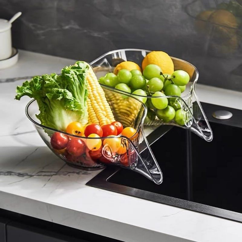 DrainEase removable dish rack. Gray plastic sink basket for drying dishes, fruits & veggies.