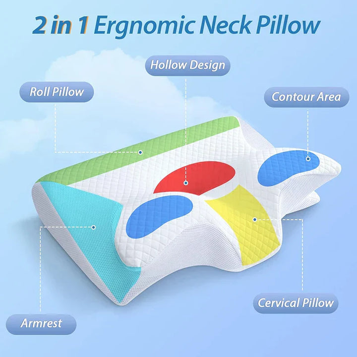 Memory foam cervical pillow providing sleep aid, ergonomic shape for back and side sleepers bedding