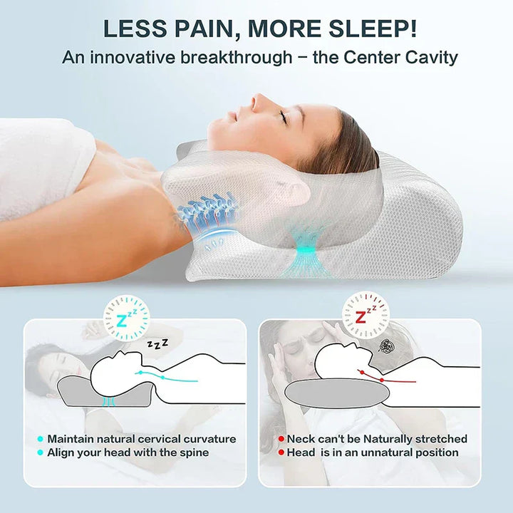 White memory foam cervical pillow, ergonomic contour for therapeutic sleep and spine alignment