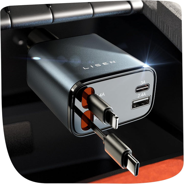 Retractable car fast charger with USB-C for universal mobile phone charging in vehicles.