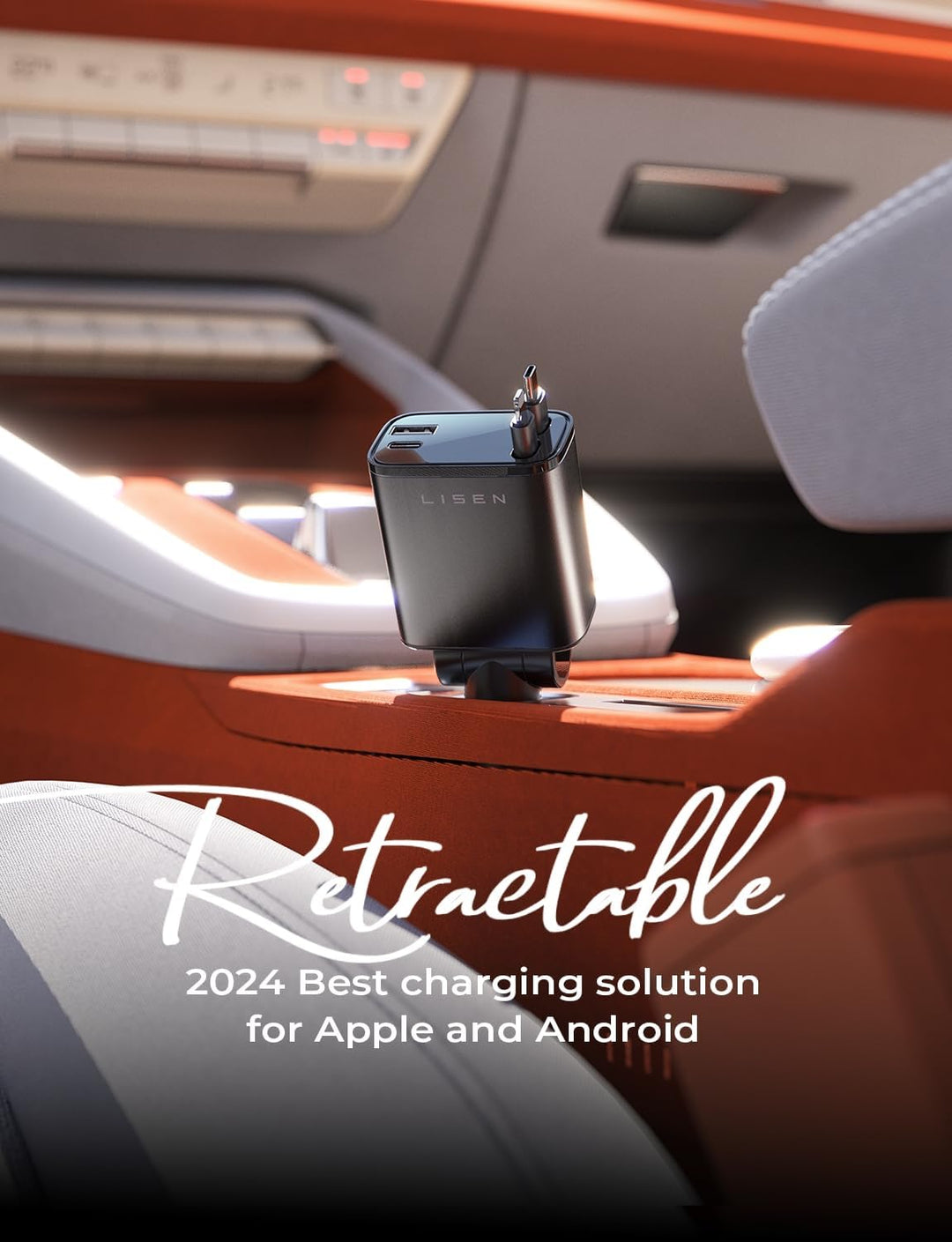 Universal mobile car fast charger with a retractable cable, keeping your devices powered on-the-go.