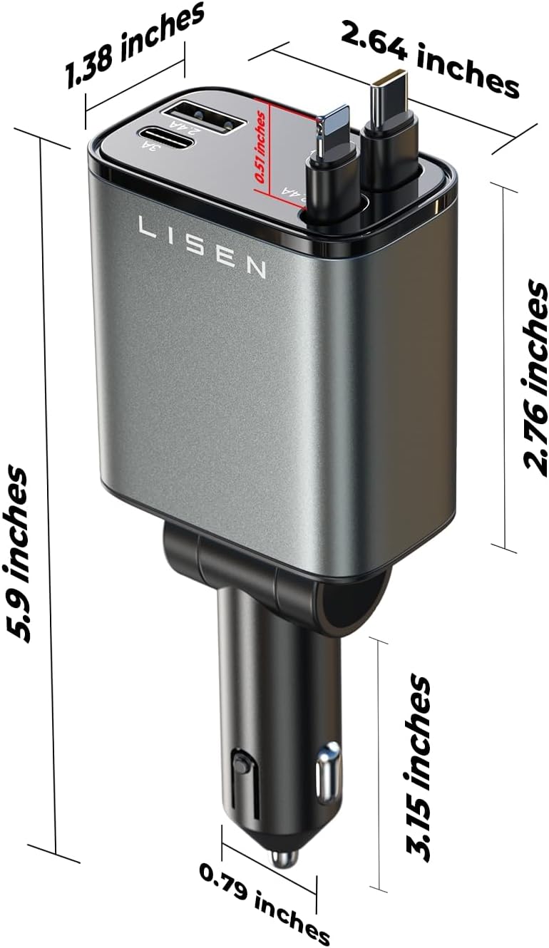 Efficient retractable car fast charger, ideal for charging mobile phones and tablets in cars.