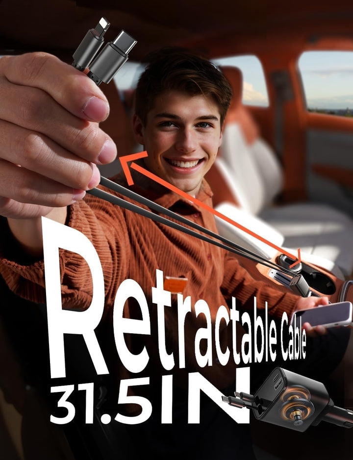 Compact retractable car fast charger, essential auto accessory for USB-C devices.