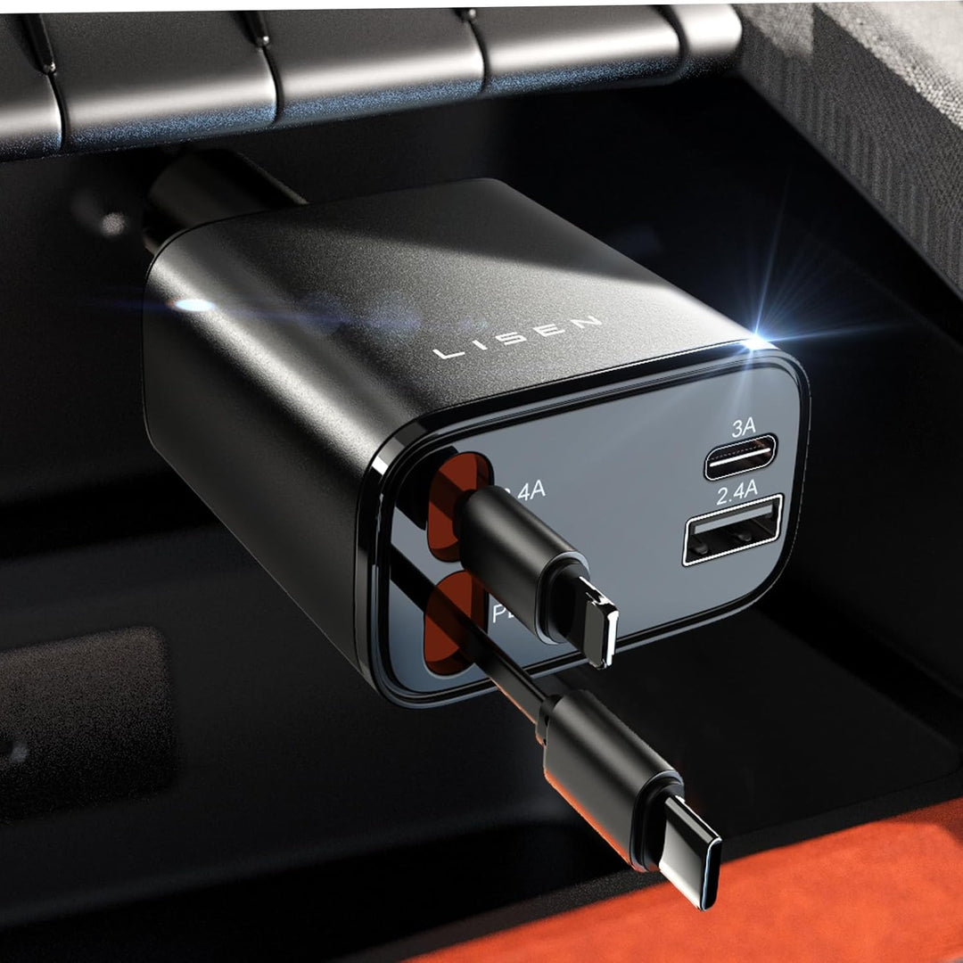 Dual port retractable car fast charger, offering quick charging for mobile gadgets.