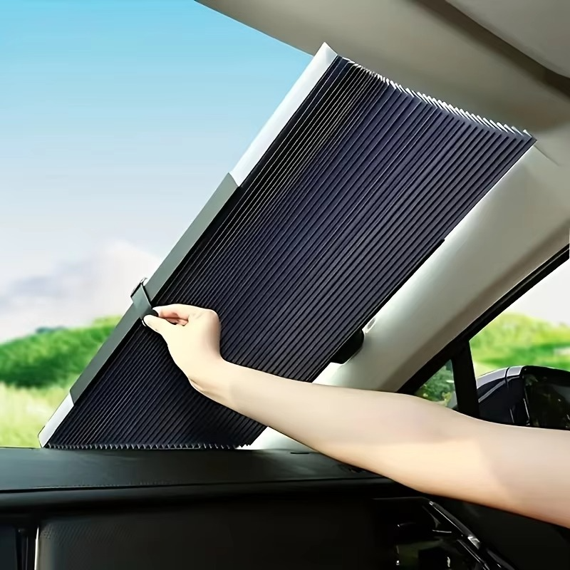 Retractable car sunshade set for windshield & rear visor. Provides UV protection & heat reduction for vehicles.