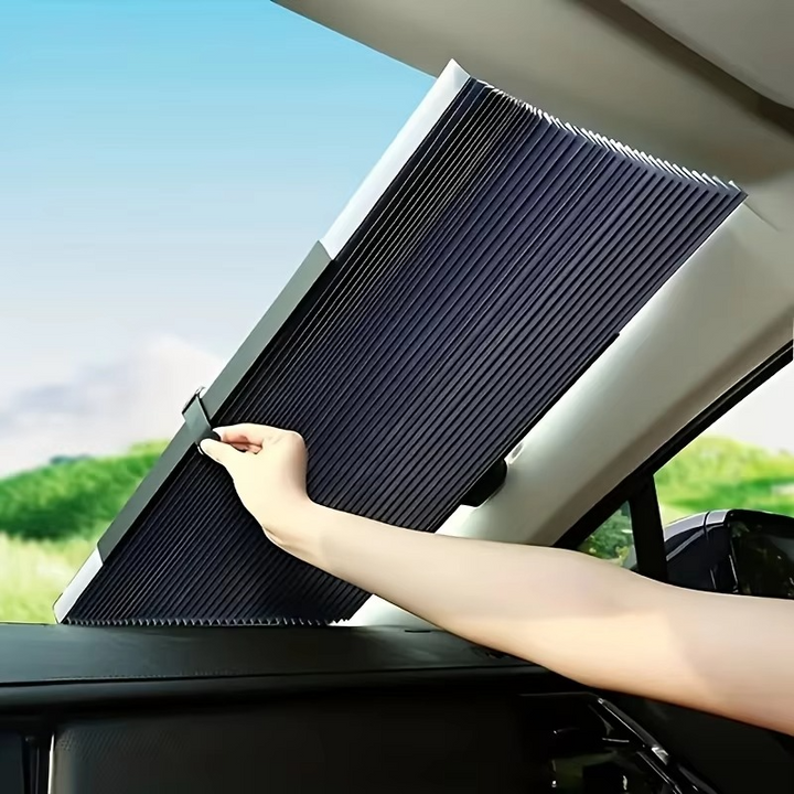 Retractable car sunshade set for windshield & rear visor. Provides UV protection & heat reduction for vehicles.