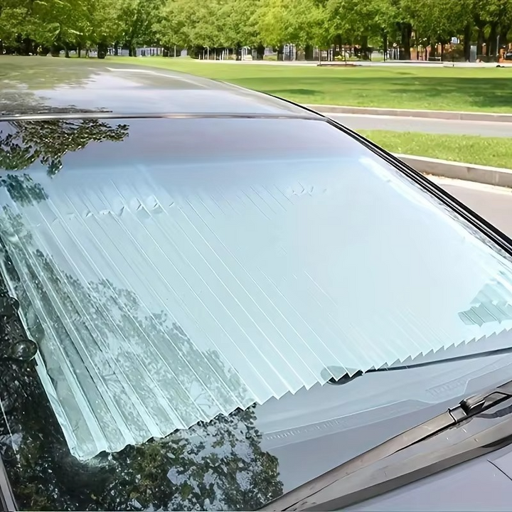 Easy-install retractable car sunshade set. UV reflective windshield & rear visor for quick sun block.