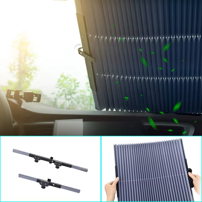 Car interior protection with retractable sunshade set. UV reflective windshield & rear visor reduces heat.