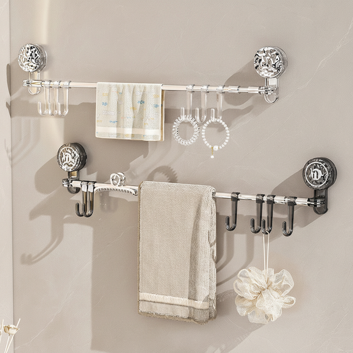 Retractable wall mount rack with 6 hooks, space-saving kitchen or bathroom organizer, drill-free suction cup installation