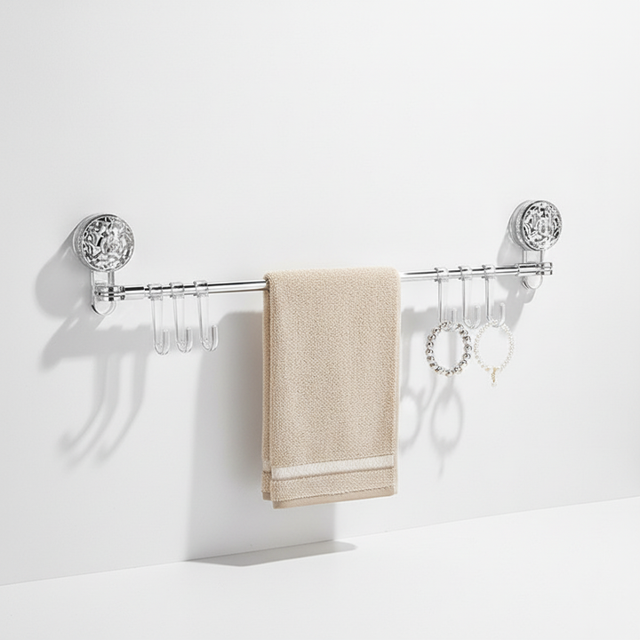 Space-saving retractable wall mount rack with multiple hooks, ideal for towels, utensils, home organization, drill-free