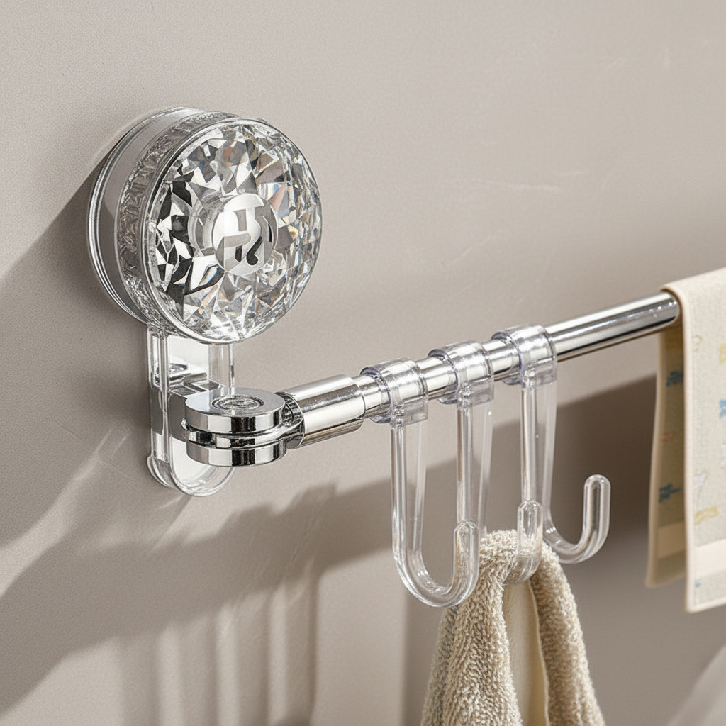 White retractable wall mount rack with black hooks, perfect for kitchen storage or bathroom organization, easy suction cup install