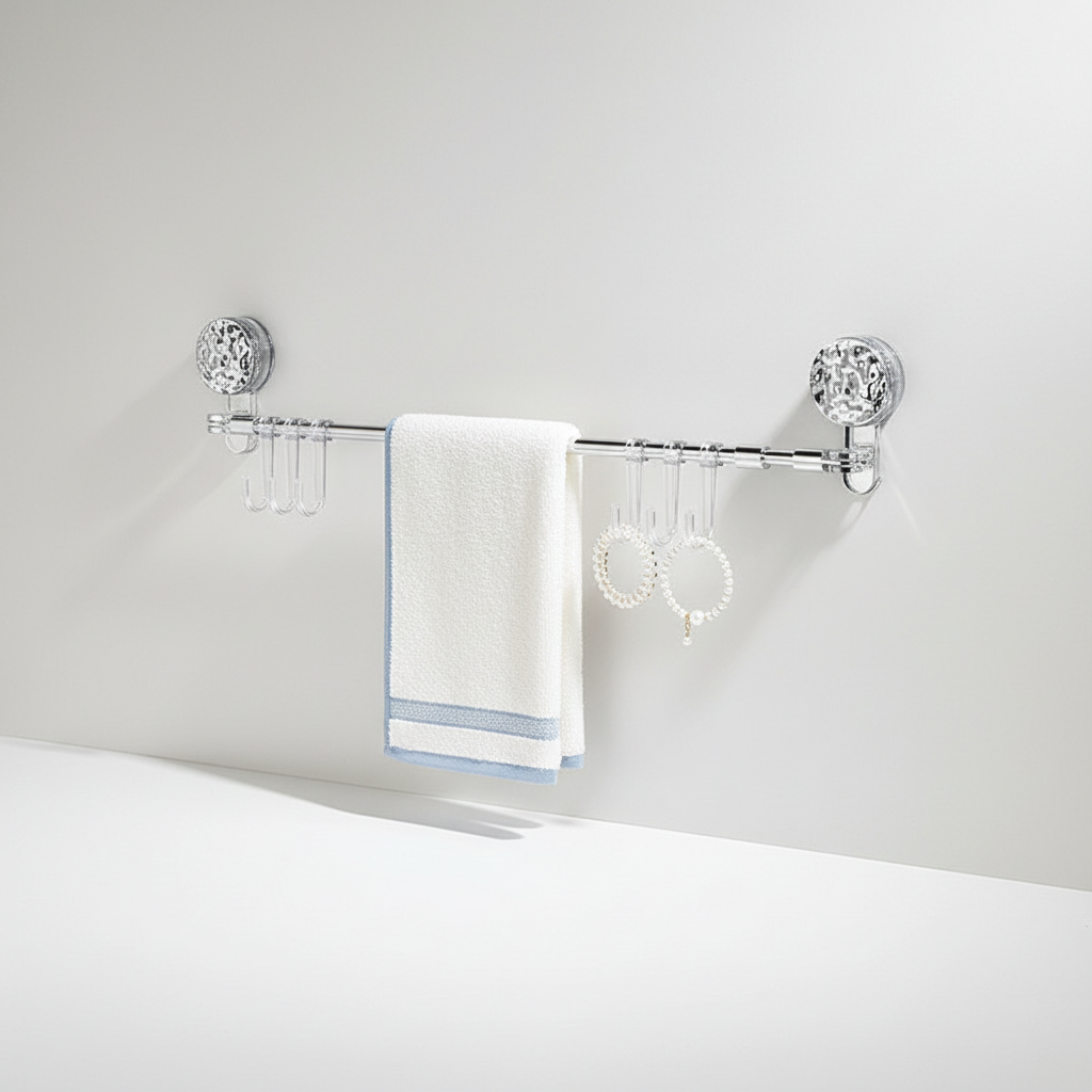 Close-up of retractable wall mount rack hooks, showing strong hold for various items, drill-free, space-saving storage solution