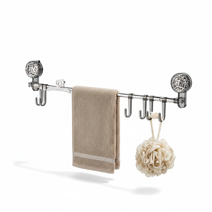 Versatile retractable wall mount with hooks, drill-free suction cup, gray and white design, efficient home organization for small spaces