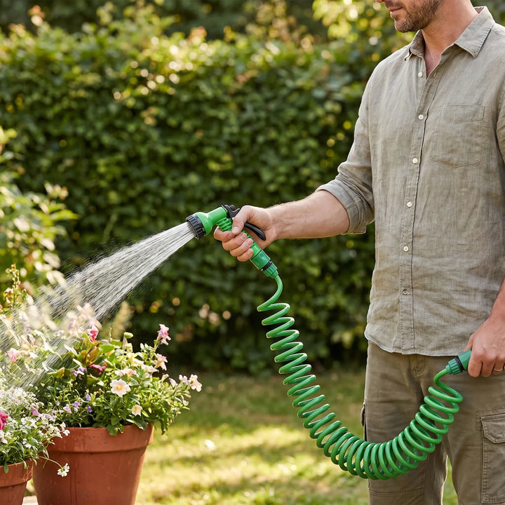 Retracting coiled garden hose for easy watering, compact storage & no tangles. Ideal for patios & small gardens.
