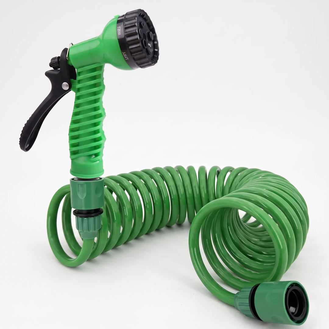 Flexible coiled garden hose for efficient watering, car washing & patio cleaning. Tangle-free & easy to maneuver.