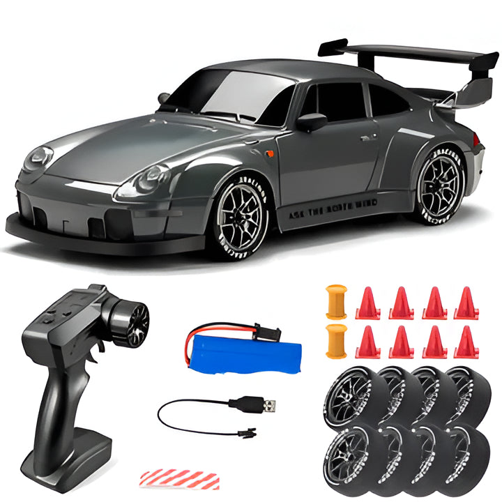 Retro 4WD RC drift car with bright LED lights, perfect for remote control racing enthusiasts.