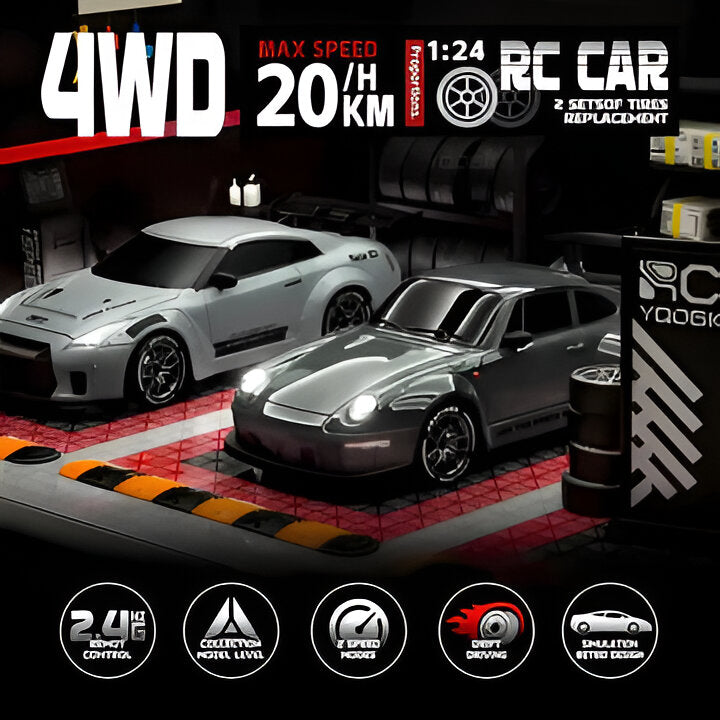 Classic retro style 4WD RC car for drifting, featuring dazzling LED lights. Great hobby remote control toy.