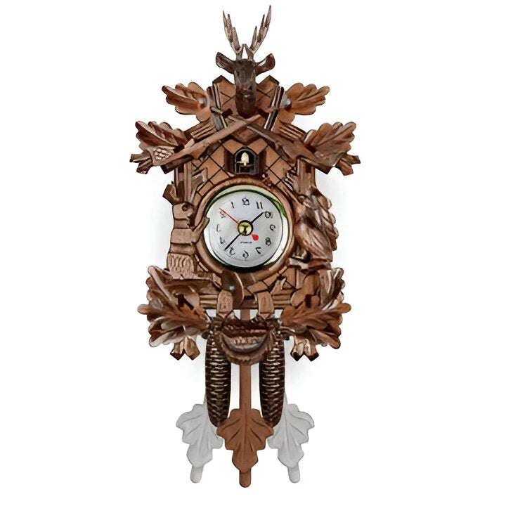 Retro Cuckoo Wall Clock for home decor, carved wood with forest theme, pendulum, and quartz movement.