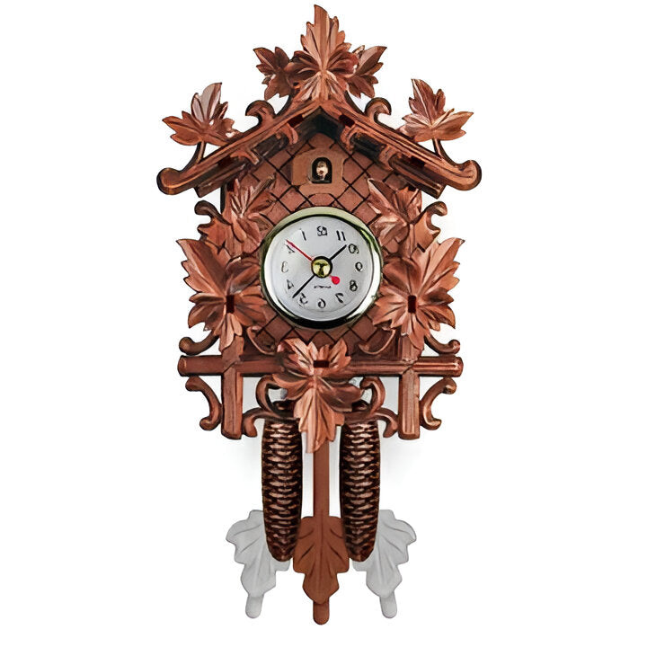 Traditional carved wood cuckoo clock featuring an owl, deer, and maple leaves, perfect retro home decor.