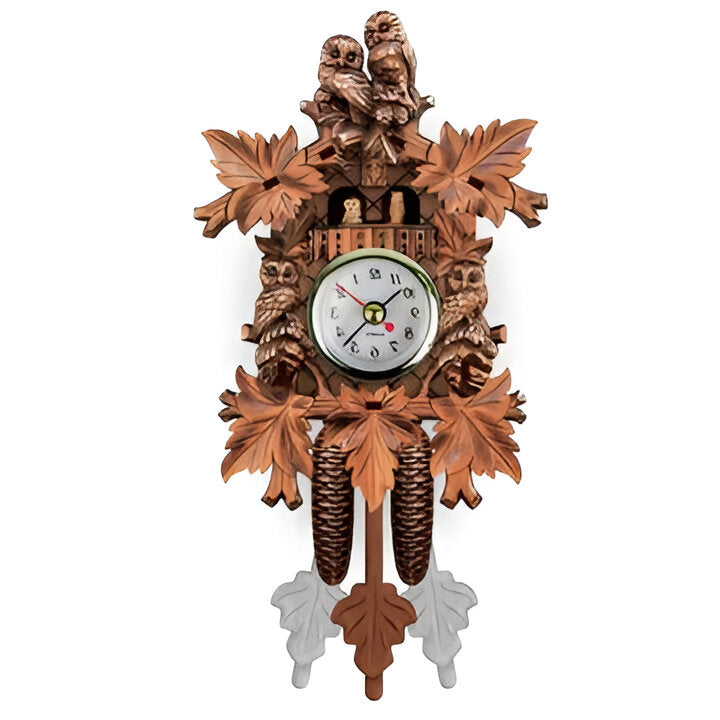 Decorative retro cuckoo wall clock with a pigeon cuckoo, intricately carved wood, forest design, and pendulum.