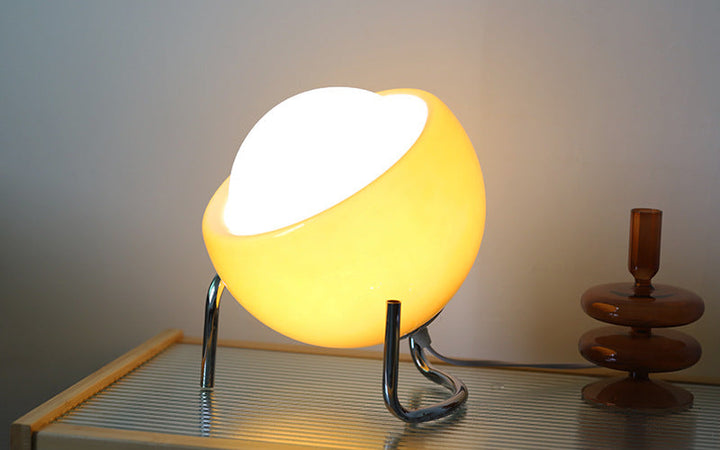 Close-up of retro glass LED table lamp, showcasing intricate glass details