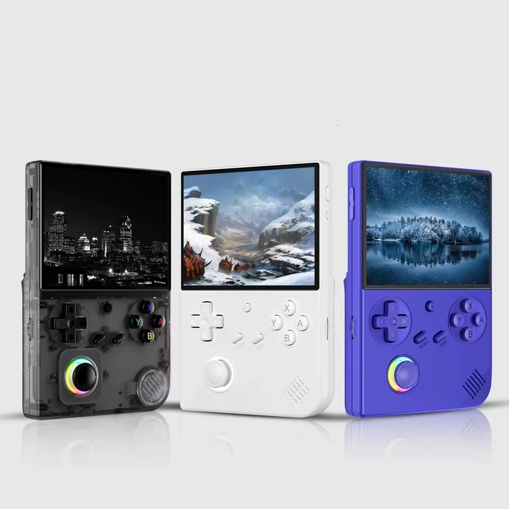 Retro handheld game console with 4-inch IPS screen, perfect for classic portable gaming.