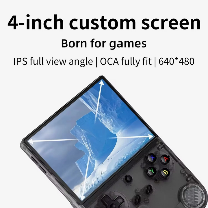 Immersive portable gaming console with WiFi connectivity and a clear 4-inch IPS screen for video games.
