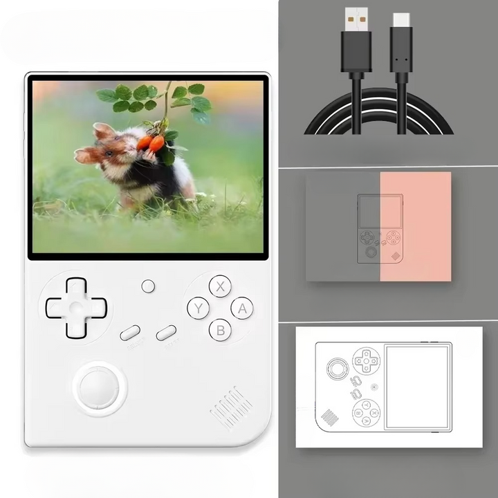 High-tech retro handheld game console with 4-inch IPS screen, WiFi, and Bluetooth for versatile gaming.