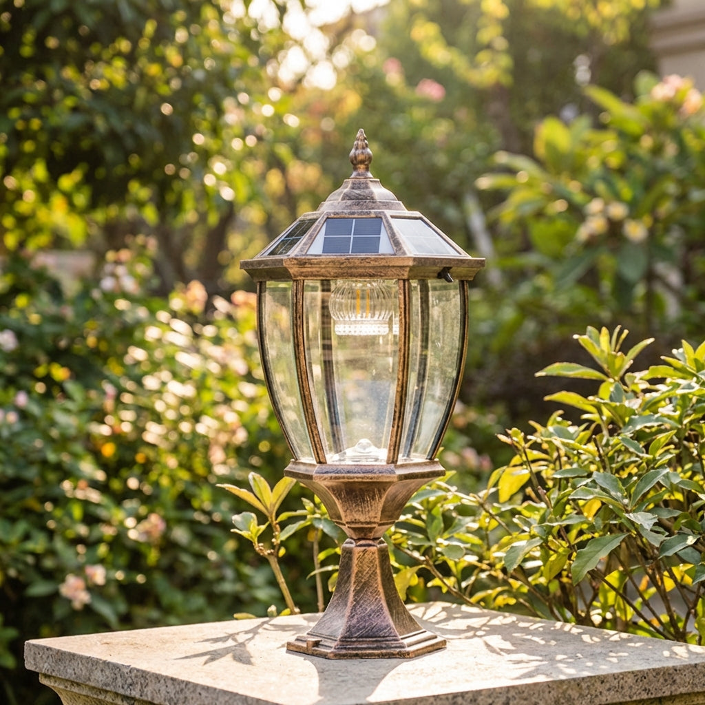 Retro hexagon solar outdoor lantern in black aluminum and clear glass, illuminating a garden path