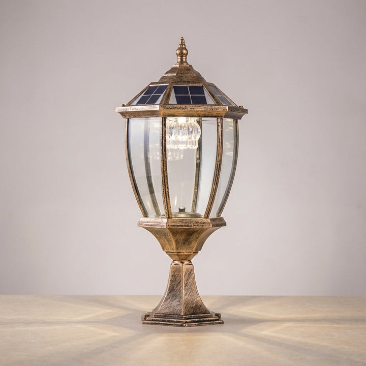 Close-up of a hexagon solar outdoor lantern showing intricate retro details and LED glow