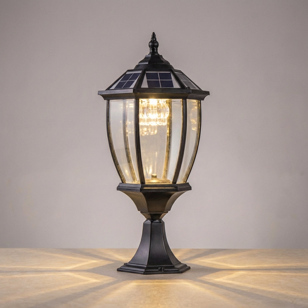 Unisex retro hexagon solar outdoor lantern providing ambient light for a patio or outdoor space