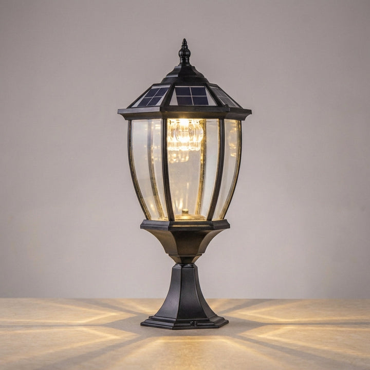 Unisex retro hexagon solar outdoor lantern providing ambient light for a patio or outdoor space