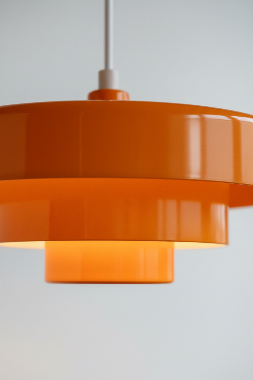 Industrial ceiling fixture, a retro pendant light with a wide metal shade.