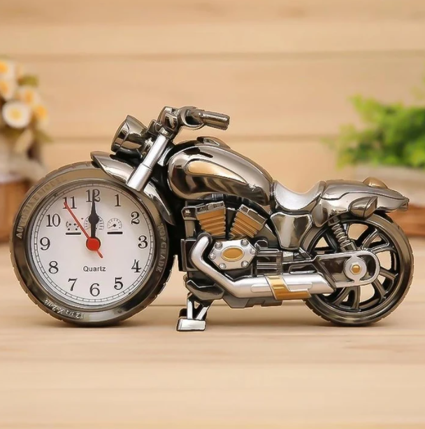 Vintage motorcycle desk clock with alarm function. Cool retro decor for any room, a unique timepiece & gift.
