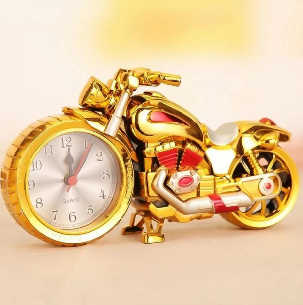 Classic retro motorcycle alarm clock, a stylish desk accessory & unique home decor timepiece in vintage style.