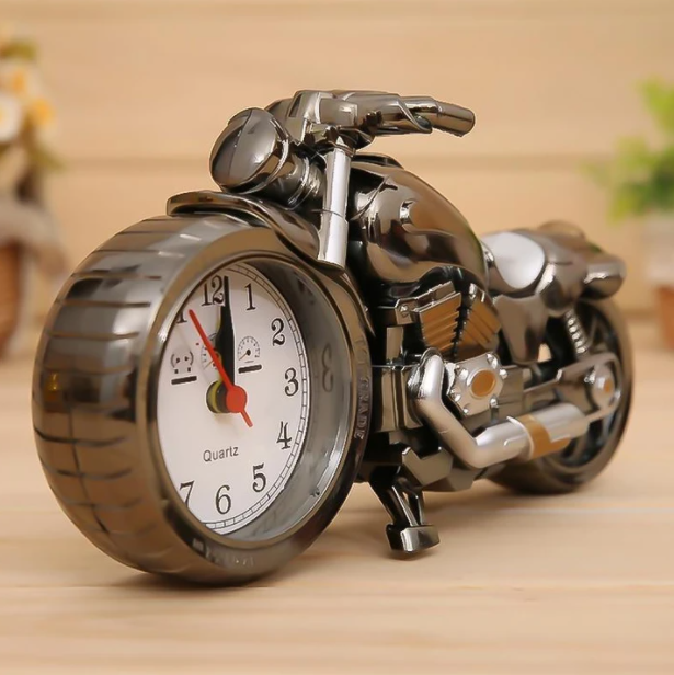 Unique retro motorcycle clock, an alarm clock and vintage desk decor. Perfect novelty timepiece gift for enthusiasts.
