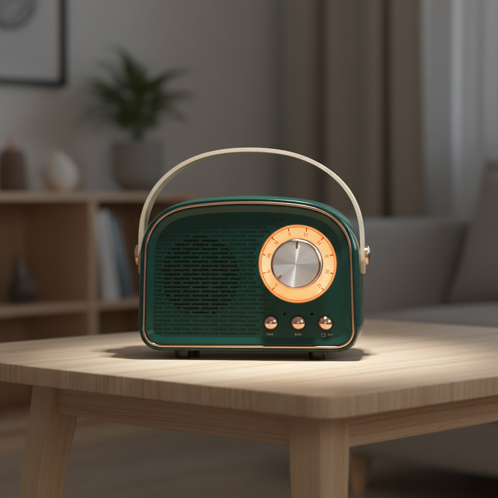 Retro portable Bluetooth speaker with FM radio, vintage design, compact size, for wireless music streaming