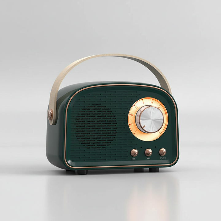 TuneHaven compact retro Bluetooth speaker and FM radio, an audio gadget with vintage aesthetics