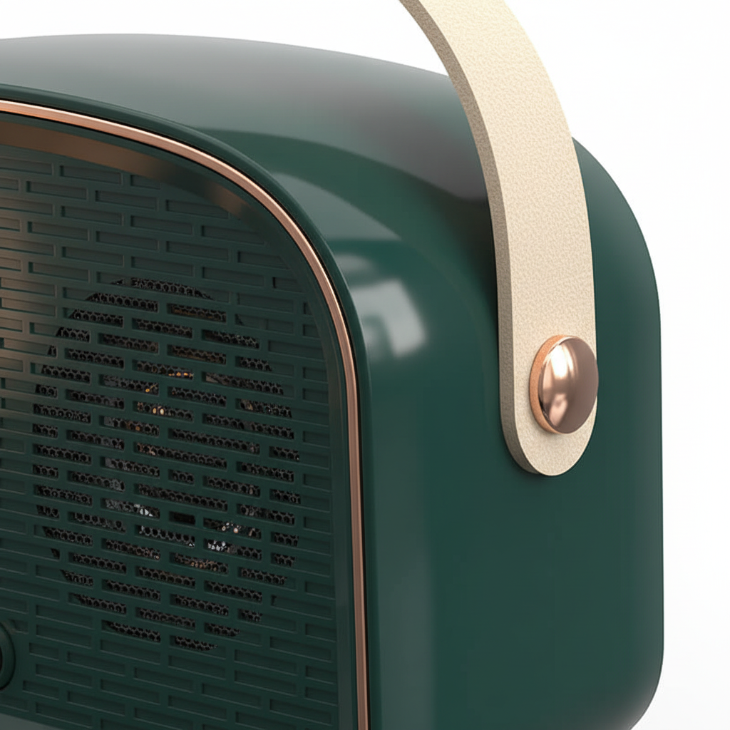 Wireless retro speaker with Bluetooth and FM radio functionality, showcasing its portable design for music playback