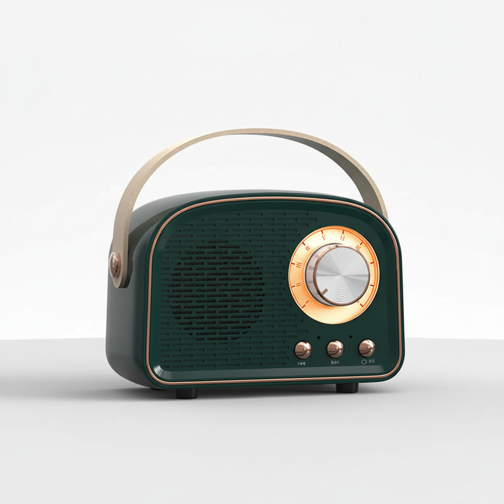 Vintage audio compact speaker with integrated FM radio and Bluetooth connectivity, a stylish music player