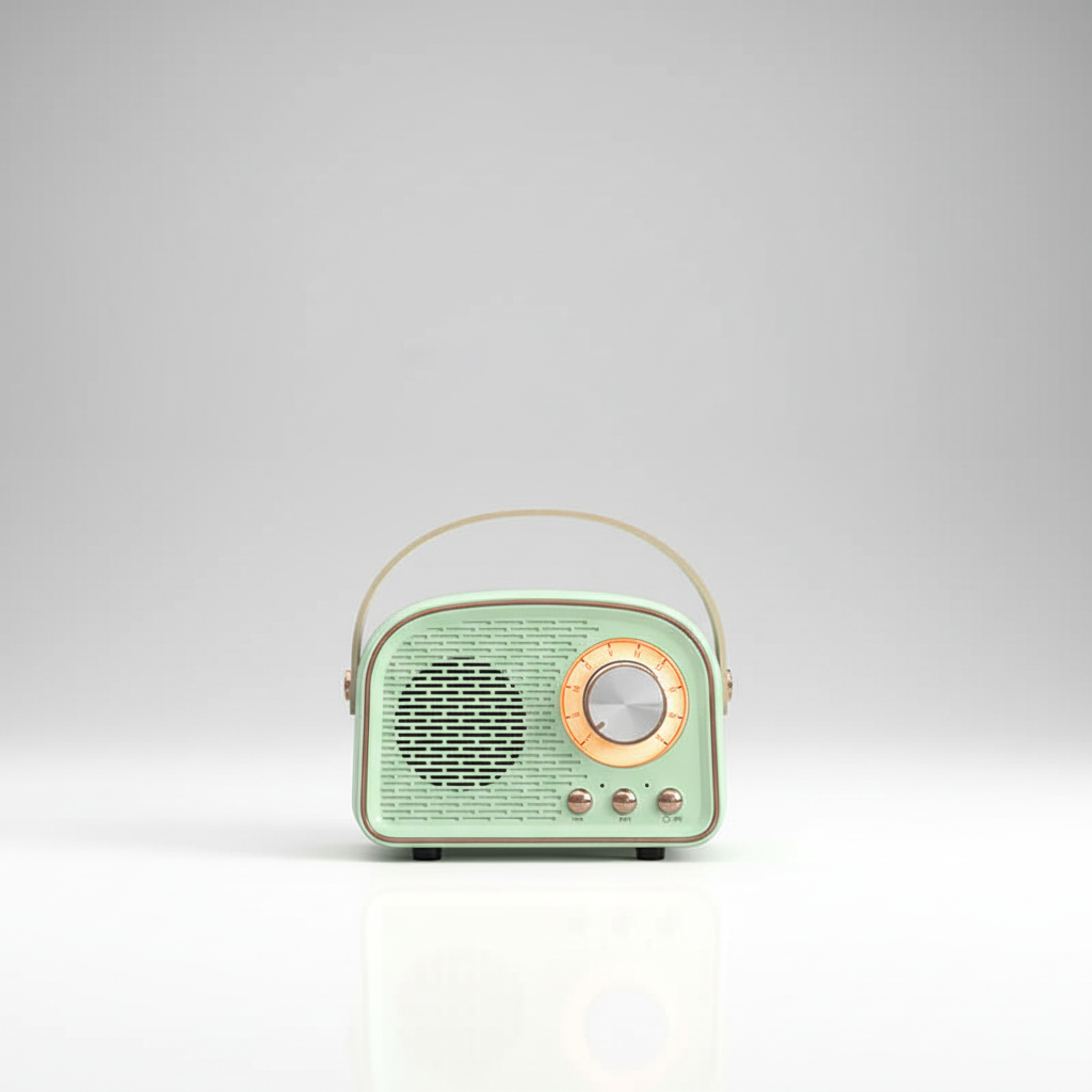 Portable Bluetooth speaker in a retro style with FM radio, ideal for on-the-go music and broadcasts