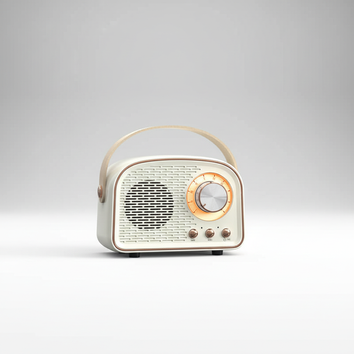 Compact retro wireless speaker, TuneHaven, featuring Bluetooth and FM radio for versatile audio entertainment