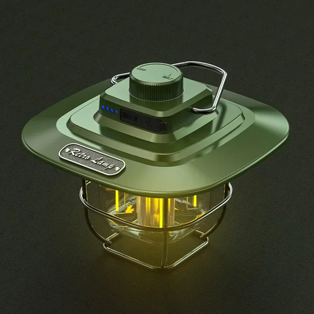 Retro rechargeable LED camping lantern, perfect for outdoor adventures, camping, and emergency lighting.