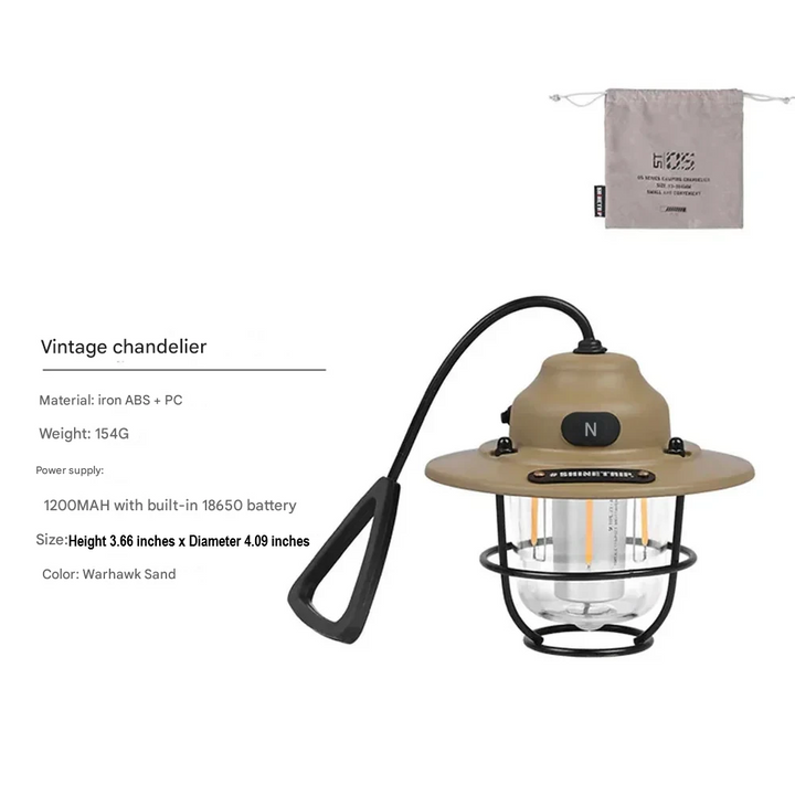 Unisex retro rechargeable LED camping lantern, an essential portable light for any adventure or camp lighting.