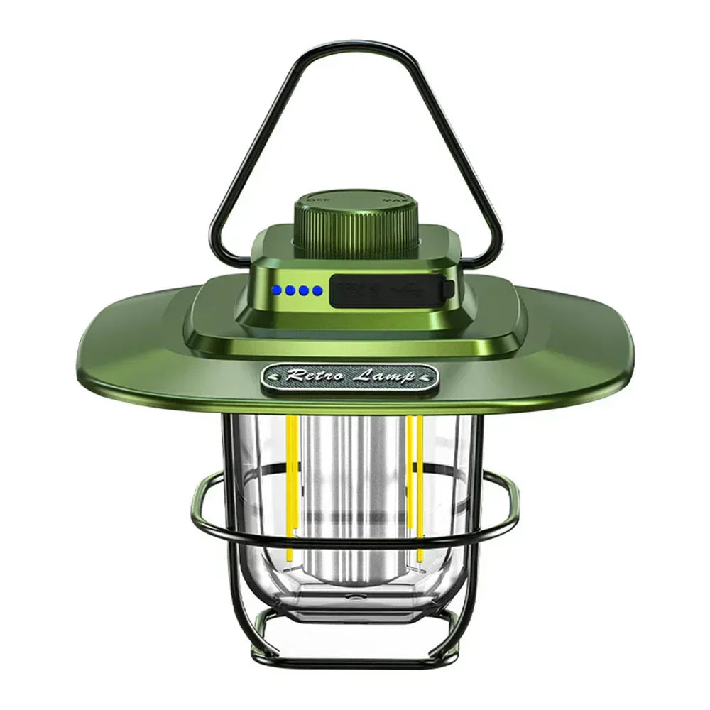 Vintage style LED camping lantern, rechargeable, portable for camp lighting, patio decor, and outdoor gear.