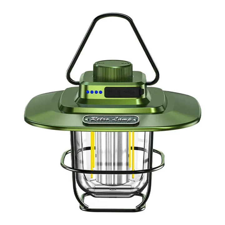 Vintage style LED camping lantern, rechargeable, portable for camp lighting, patio decor, and outdoor gear.