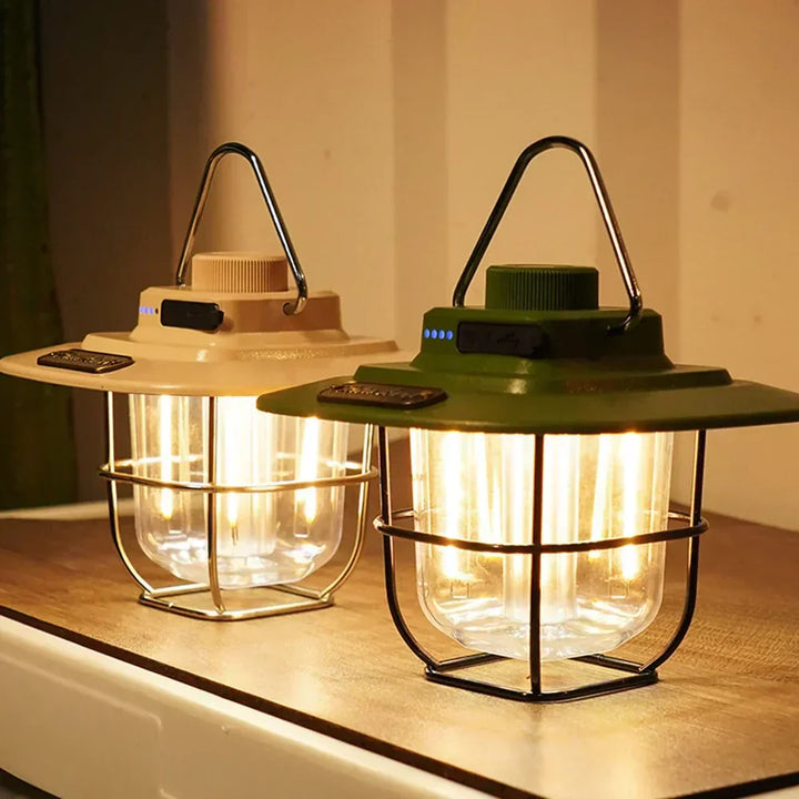 Illuminate your camp with this retro LED rechargeable lantern, an essential portable light for outdoor nights.