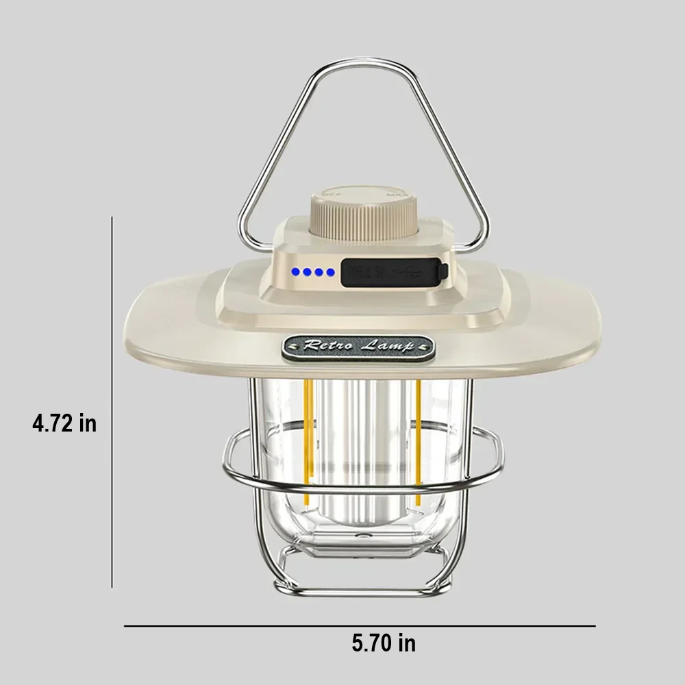 Stylish vintage LED camping lantern, rechargeable, provides warm light for any outdoor setting & camp essential.