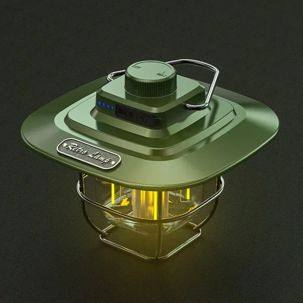 Retro rechargeable LED camping lantern, vintage style for outdoor lighting and camp gear